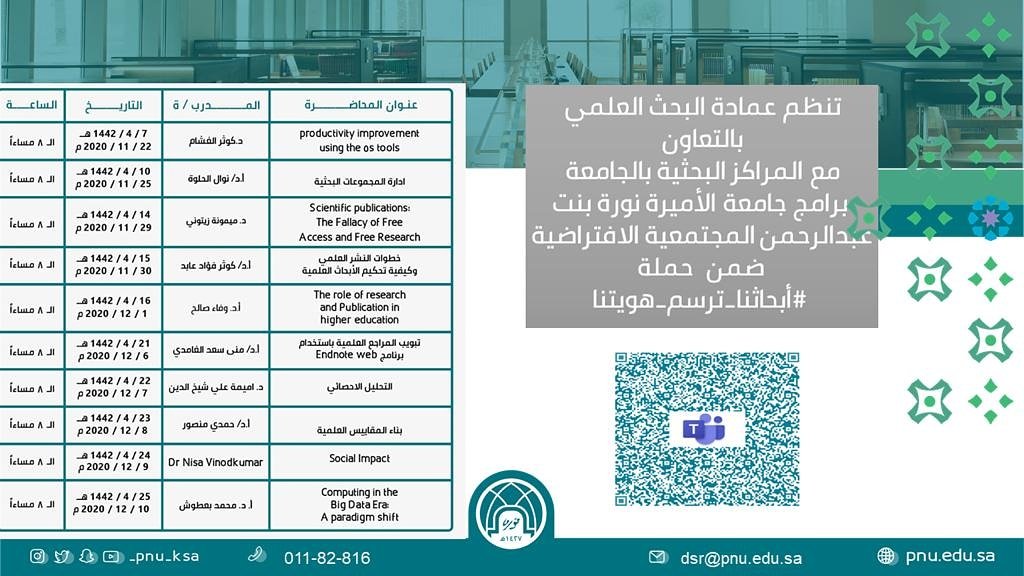 تنظم عمادة البحث العلمي بالتعاون مع المراكز البحثية بالجامعة برنامج جامعة الأميرة نورة بنت عبدالرحمن المجتمعية الافتراضية ضمن حملة #أبحاثنا_سر_هويتنا