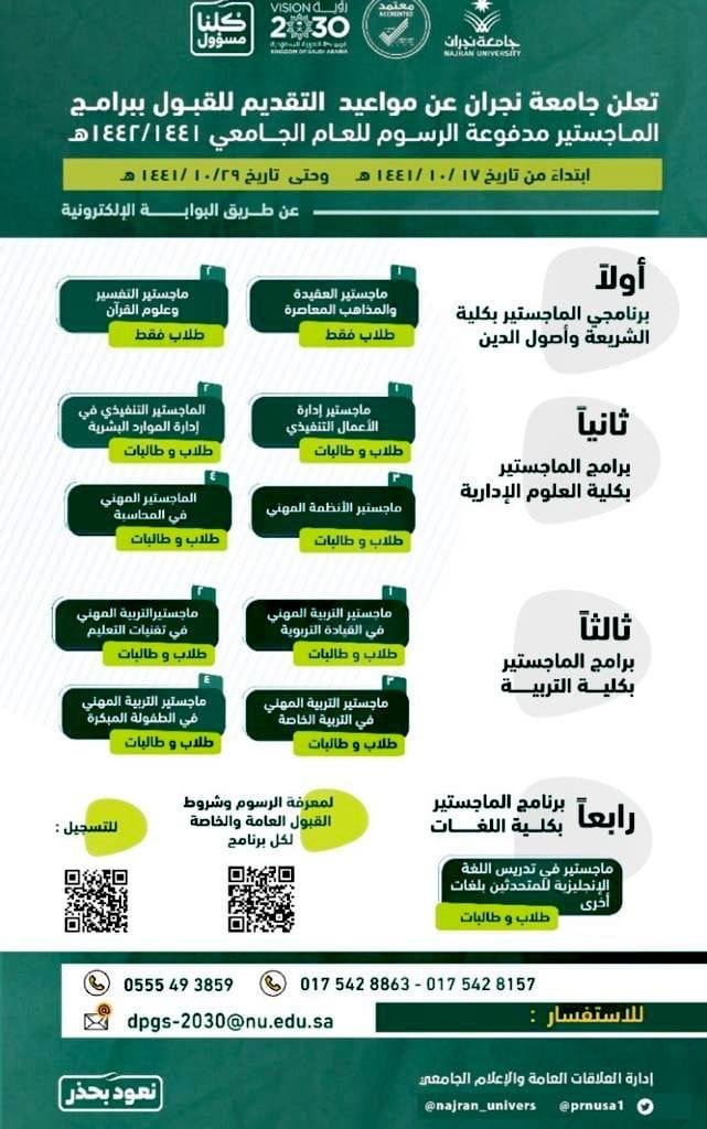 جامعة نجران تعلن مواعيد القبول لبرامج الماجستير